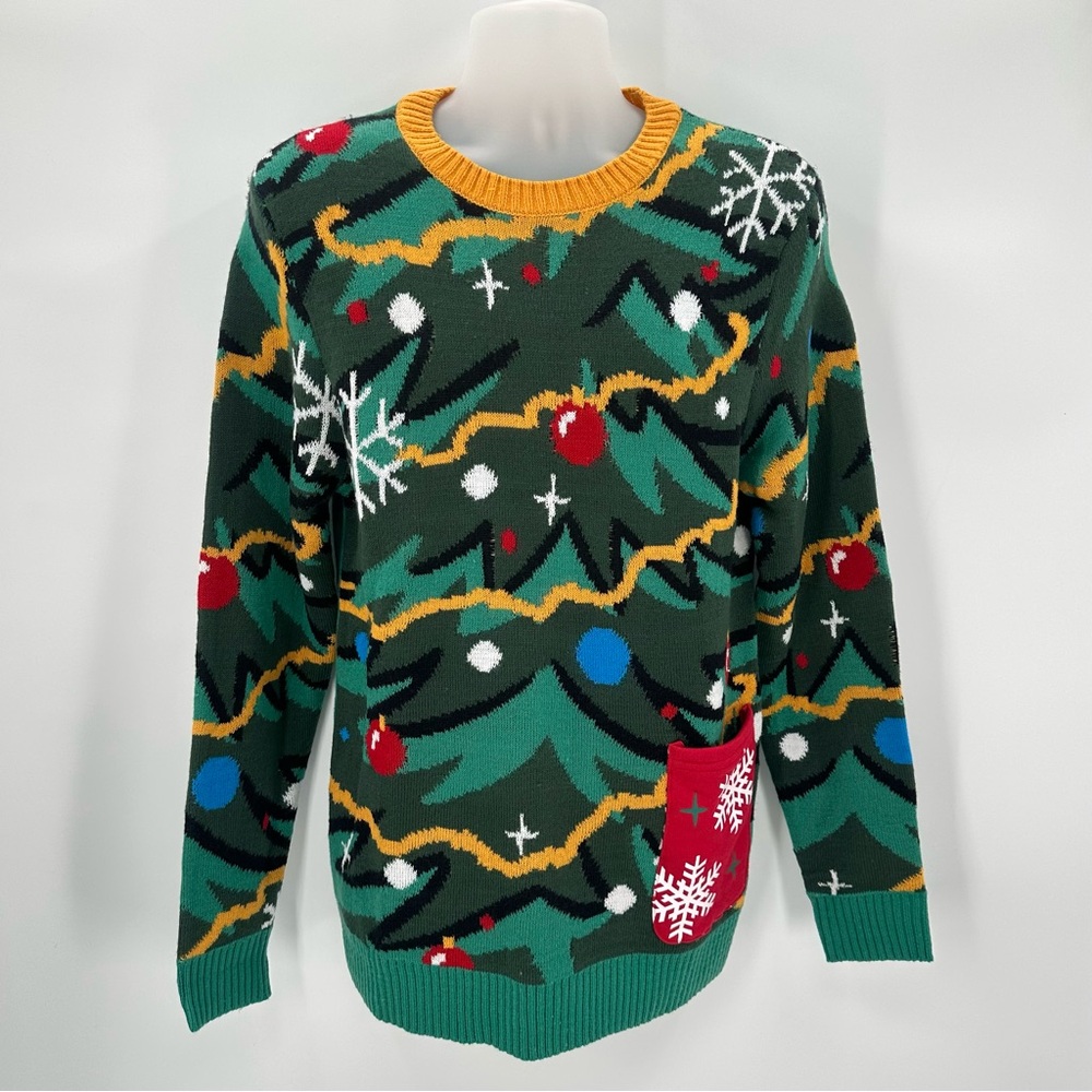 NOVELTY CHRISTMAS SWEATER Mens L Adult Green Ugly Party Knit Holiday Pocket NWOT